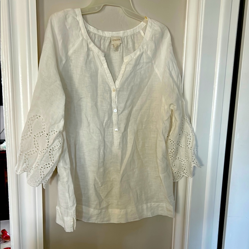 Chico's linen white Blouse with Eyelet Sleeves